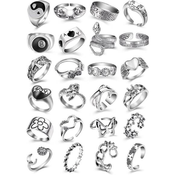 Vintage Silver Open Punk Rings for Men Women, 24PCS Adjustable Rings, Alt Rings - Picture 1 of 8